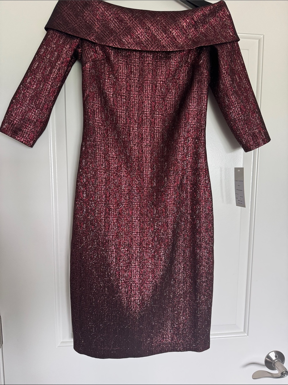 Teri Jon Metallic Wine Off-Shoulder Sheath Dress